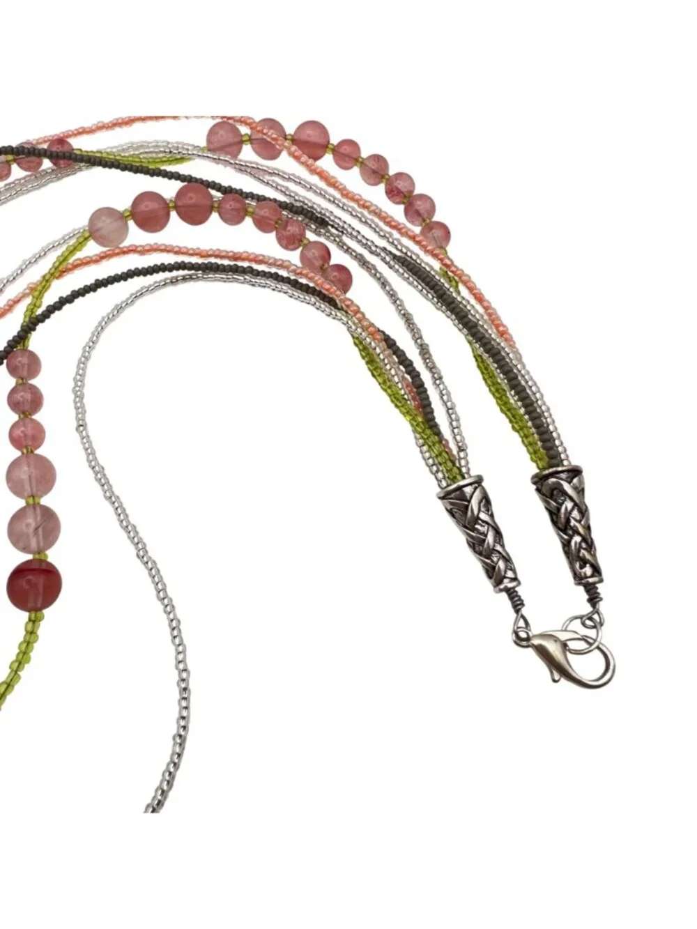 Blue Agate Slice Pendant Necklace Multistrand Beaded Boho Pink Green Glass Layer - Picture 4 of 15